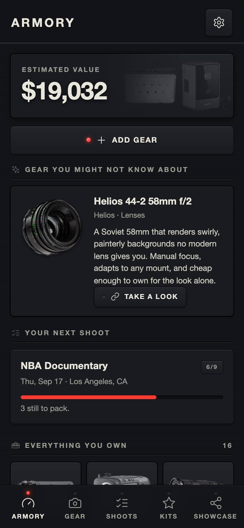 The Armory on a phone, showing the estimated value of a kit, a featured lens, and the next shoot with its packing progress