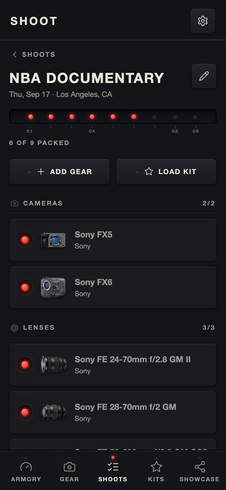A shoot in The Armory with its packing checklist, six of nine items ticked off