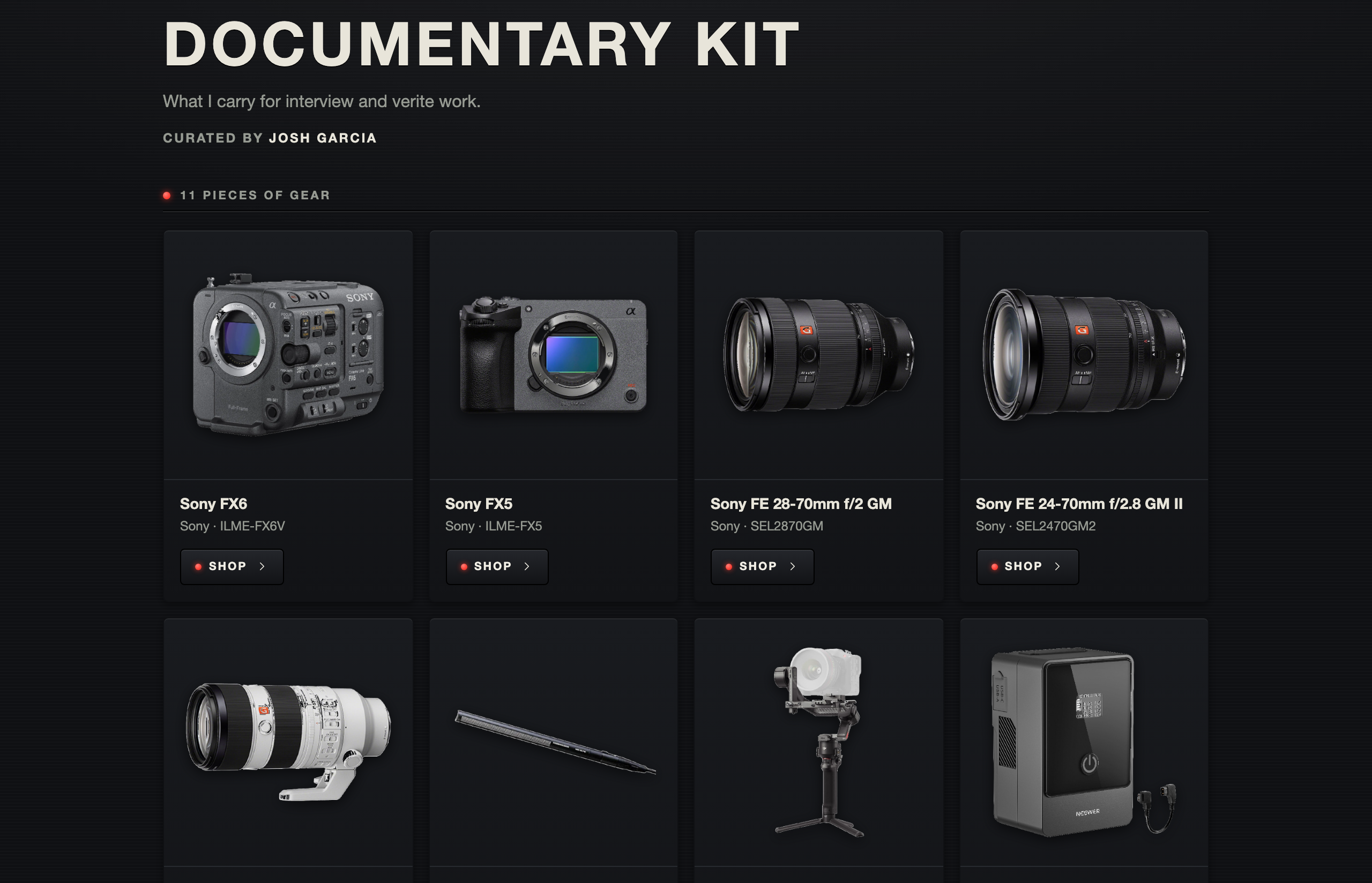 A public kit page titled Documentary Kit, listing ten pieces of gear with product photos and Shop buttons